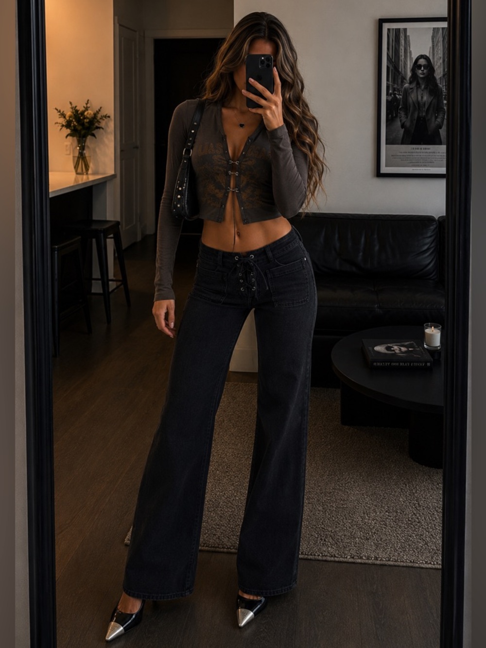 New EB Denim Black Low Rise Lace Up Wide Leg Jeans Women Size 24 Made USA